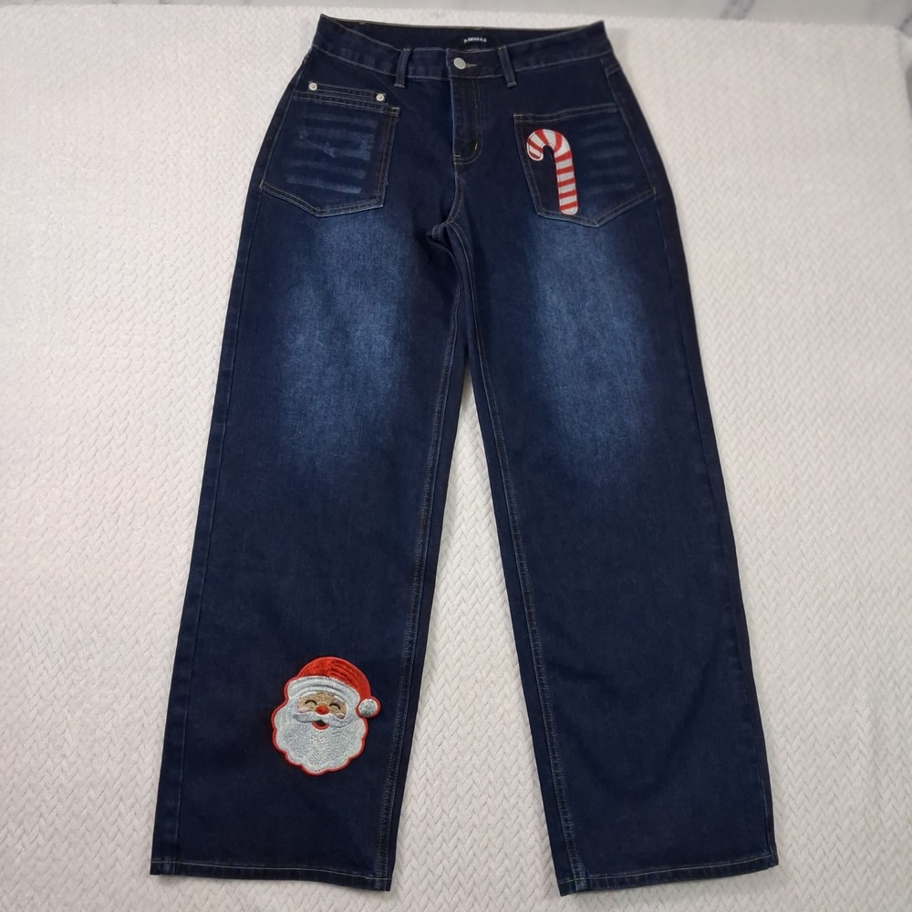 Flamingals Christmas Santa Candy Cane Jeans Size M (Waist 29") Blue Wide Leg.